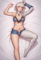 1futa ai_generated armpits arms_up asymmetrical_hair bandaged_arm bandaged_leg bandaged_neck bandages bangs bed bed_sheet bikini bikini_top braid breasts canon_futanari cleavage clothing covered_erect_nipples covered_testicles cutoffs denim denim_shorts erection feet flower full_body futa_only futanari hair_flower hair_ornament high_resolution intersex jenneth_blackray jewelry kaine_(nier) large_breasts lingerie lips looking_at_viewer lying navel necklace nier nier_(series) nier_replicant on_back on_bed pendant penis penis_out short_hair short_shorts shorts solo solo_futa spread_legs stable_diffusion swimsuit testicles thighs tied_hair toes unbottoned_shorts uncensored very_high_resolution white_hair yellow_eyes