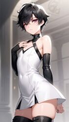 1boy ai_generated armwear bare_shoulders black_hair femboy goth solo sundress thick_thighs thighhighs