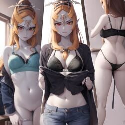 1girls ai_generated big_breasts black_bra breasts clothing female female_only happy jeans long_hair midna nintendo public ruptuorie shorts solo the_legend_of_zelda the_legend_of_zelda:_twilight_princess twili_midna twilight_princess