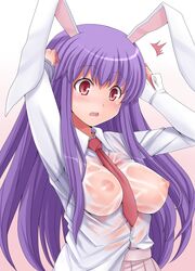 animal_ears arms_up between_breasts blush breasts bunny_ears dress_shirt female hasu_(hk_works) impossible_clothes impossible_shirt long_hair necktie necktie_between_breasts nipples no_bra open_mouth pink_eyes purple_hair red_eyes red_necktie reisen_udongein_inaba see-through shirt skirt solo surprised touhou upper_body wet wet_clothes wet_shirt white_shirt