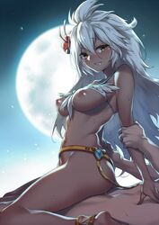 arm_grab bikini blush breasts cowgirl_position dark_skin female femdom flower full_moon fuya_(tempupupu) girl_on_top granblue_fantasy hair_flower hair_ornament long_hair moon navel nipples reverse_cowgirl_position sex solo_focus straddling sweat swimsuit the_order_grande white_bikini white_hair yellow_eyes