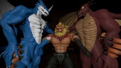 2017 3_toes 3d blue_scales boss_monster claws digimon dragon exveemon flamedramon gay group male male/male male_only maxdigiipower muscular nintendo nude scales source_filmmaker toes ty ty_(zp92) yaoi