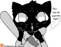 anthro baseball_bat black_and_white black_fur black_nose clothing cum cumshot dialogue disembodied_penis drooling ejaculation english_text feline female first_person_view fur hanage1 hand_on_face handjob human human_on_anthro humanoid_penis interspecies looking_at_viewer mae_(nitw) male male_human/female_anthro male_pov mammal monochrome night_in_the_woods open_mouth orgasm patreon penis saliva sex simple_background straight sweater text white_background