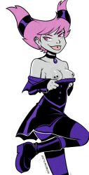 1girls areolae breasts breasts_out confident exposed exposed_breasts female hair_horns jinx_(dc) nipple_piercing nipples piercing piercings pink_eyes pink_hair presenting presenting_breasts rainbow-flyer solo teasing teen_titans tongue topless