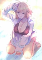 arcueid_brunestud big_breasts big_breasts black_bra blonde_hair bra breast_focus breasts breasts commentary female full_body highres huge_boobs huge_breasts kneeling lace lace_bra large_breasts masatoshi_ikeda_(uug28aiuopy2six) one_eye_closed open_clothes open_mouth open_shirt red_eyes see-through_clothes see-through_shirt shirt short_hair smile solo top_heavy tsukihime underwear white_shirt wink