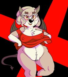 2016 anthro big_clitoris black_background black_nose bottomless bovine breasts cattle chest_tuft cleavage clitoris clothed clothing demon demon_horns eyewear female fur glasses grey_fur grey_hair hair hooves horn lydia_hudson mammal monster nipple_bulge open_mouth pubes pussy red_background red_eyes scar sharp_teeth shirt shirt_pull simple_background solo spade_tail sprocket_(artist) standing succubus teeth tuft wide_hips yellow_sclera