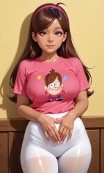 1girls ai_generated bare_arms brown_eyes brown_hair disney disney_channel disney_xd eyebrows eyelashes eyeliner eyeshadow female gravity_falls hi_res large_ass large_breasts leggings long_hair looking_at_viewer mabel_pines smiling solo solo_female solo_focus standing t-shirt tanned tanned-skinned_female tanned_body tanned_female tanned_girl tanned_skin thick_thighs waifufamily white_leggings