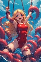 ai_generated arms_above_head blonde_hair blue_eyes captured chains female girl imminent_rape legs_apart long_hair one-piece_swimsuit open_mouth red_swimsuit restrained_by_tentacles scared sea tentacle tentacle_rape white_skin