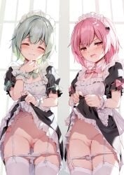 2girls absurdres alternate_costume apron black_dress bow bowtie breasts censored cleavage closed_eyes closed_mouth clothes_lift cowboy_shot dress dress_lift enmaided facing_viewer garter_belt green_bow green_bowtie green_hair hair_ornament heart heart_hair_ornament highres komeiji_koishi komeiji_satori maid maid_apron maid_headdress miyase_mahiro mosaic_censoring multiple_girls navel open_mouth panties panty_pull pink_bow pink_bowtie pink_eyes pink_hair puffy_short_sleeves puffy_sleeves pussy short_hair short_sleeves siblings sisters sleeve_bow small_breasts thighhighs touhou underwear white_apron white_thighhighs wrist_cuffs