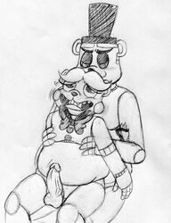 2015 animatronic anthro balls bear black_and_white blush bow_tie chair_position duo erection five_nights_at_freddy's five_nights_at_freddy's_2 freddy_(fnaf) from_behind_position hat heart inkyfrog looking_pleasured machine male mammal monochrome on_lap open_mouth open_smile penis robot sex simple_background sitting_on_lap smile top_hat toy_freddy_(fnaf) traditional_media_(artwork) video_games white_background yaoi