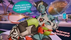 2boys 3d 3d_render angeloveuwu black_hair blender blender_(software) blue_body boyfriends bubble_text clothed demon demon_boy demon_horns demon_tail epic_games fortnite fortnite:_battle_royale gay gay_male hand_on_ass male/male penis penis_in_mouth public red_body semi_nude sitting sucking sucking_penis sulk_(fortnite) torment_(fortnite) video_game_character video_games white_hair yaoi