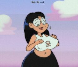 1980s_(style) black_bottomwear breasts brown_hair clouds fake_screenshot fat_ass fat_tits female glasses green_eyes hands_on_breasts katarina_esmeralda nipples_visible_through_clothing round_glasses text thicc white_topwear