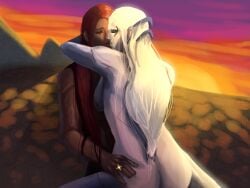after_sex canon_couple closed_eyes cuddling cute diana_(league_of_legends) female ginger_hair goddess holding_other hugging league_of_legends leona_(league_of_legends) mountain non-sexual_nudity nudity post-orgasm riot_games sunlight sunrise white_hair wholesome wholesome_nudity yuri