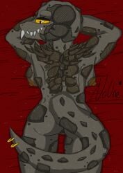 absurd_res anthro bedroom_eyes body_pillow breasts deathclaw fallout female female_focus hi_res horn lying microsoft muscular muscular_anthro muscular_female narrowed_eyes noonearts piercing pillow scalie scar seductive sharp_teeth solo spikes spikes_(anatomy) tail teeth