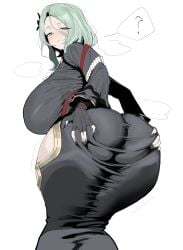 1girls ? ass ass_spread ass_support backboob big_ass big_breasts black_dress black_nail_polish black_nails blush breasts clothing dat_ass dress female female_only grabbing_own_ass green_eyes green_hair hair half-closed_eyes hands_on_ass huge_ass huge_breasts isolde_(zenless_zone_zero) looking_back mole mole_under_eye mole_under_mouth nail_polish nails question_mark solo solo_female speech_bubble spread_ass spreading steam sweat sweatdrop thighs xipa zenless_zone_zero