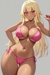 1girl ai-created ai_generated bangs bare_arms bare_shoulders bikini bikini_bottom blonde_hair blush breasts cameltoe clavicle cleavage closed_mouth clothing dark-skinned_female dark_skin female female_only gluteal_fold gokukoku_no_brynhildr groin halterneck hand_on_hip hand_on_own_hip hand_up high_resolution huge_breasts large_breasts long_hair looking_at_viewer navel pink_bikini pink_swimsuit portrait red_eyes rena_aikawa_(pixiv_user) shiny shiny_skin side-tie_bikini side-tie_bikini_bottom side-tie_clothing side-tie_swimsuit skindentation smile solo standing stomach string_bikini striptease swimsuit tachibana_mina_(gokukoku_no_brynhildr) thigh_gap thighs underboob