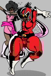 2boys belt belt_buckle black_hair blush blush blush_lines boots bulge bulge_through_clothing cape cosplay crossdressing dark-skinned_male dark_skin dress embarrassed eyeless_male femboy fingerless_gloves glasses gloves grey_background helmet jumpsuit looking_at_viewer male male_focus male_only mole mole_under_eye open_mouth original original_character posing scarf signature simple_background skin_tight tongue tongue_out toni_oni twink viewtiful_joe wide_hips yellow_eyes