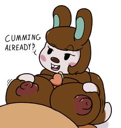 2017 animal_crossing areola big_breasts breasts carmen_(animal_crossing) english_text female huge_breasts lagomorph male mammal mr.under nintendo nipples open_mouth paizuri rabbit sex simple_background smile smug straight teeth text video_games white_background