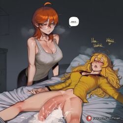 2girls after_sex after_vaginal ahoge ai_generated bed blonde_hair blush body_freckles bottomless breasts cleavage closed_eyes covered_nipples cum cum_in_pussy cum_pool cumdrip drooling english_text erection excessive_cum flaccid freckles futa_with_female futanari glasses green_eyes grey_shirt grey_tank_top hair_between_eyes huge_cock large_breasts large_penis long_hair lying multiple_girls navel on_back on_bed open_mouth orange_hair original pants patreon_username penis pillow rwby saliva shirt sleep_molestation sleeping speech_bubble tank_top testicles tillian tilly(tillian) uncensored veins veiny_penis white_tank_top yang_xiao_long yellow_shirt
