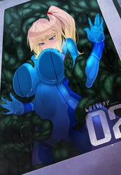 1girls against_glass blonde_hair blue_eyes blush bodysuit breast_press breasts breasts_on_glass buckethead_ero cameltoe clenched_teeth covered_navel female glass_door hand_on_glass highres imminent_rape interspecies large_ass large_breasts long_hair metroid navel nintendo parasite ponytail samus_aran scrunchie skin_tight slime_(substance) tentacle tentacles thick_ass thick_thighs tied_hair wide_hips zero_suit zero_suit_samus