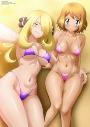 2girls arm_around_waist arm_support bangs_over_one_eye beach belly_button bikini blonde_hair blue_eyes blush brown_hair cameltoe cleavage collarbone cynthia_(pokemon) grin hair_ornament hair_over_one_eye highleg highleg_bikini highres long_hair looking_at_viewer lying medium_breasts navel nipple_bulge painted_nails pink_bikini pokemon pokemon_dppt pokemon_xy purple_bikini sand selfie serena_(pokemon) short_hair sitting thick_thighs underboob wet_body yellow_eyes zel-sama