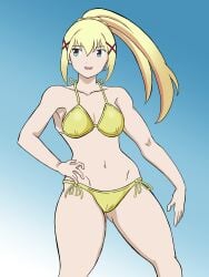 anime big_boobies big_breasts big_butt big_hips bikini blonde_female blonde_hair blonde_hair_female blue_eyes bra breasts commission commission_art darkness_(konosuba) digital_art digital_drawing_(artwork) digital_media_(artwork) digital_painting_(artwork) golden_hair hand_on_hip hips isekai kono_subarashii_sekai_ni_shukufuku_wo! konosuba lalatina_dustiness_ford long_hair manga masochistic_female ornaments panties ponytail pubic smile smiling swimsuit yamidanight yellow_hair