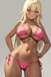 1girl ai-created ai_generated bangs bare_arms bare_shoulders bikini bikini_bottom blonde_hair blunt_bangs blush breasts cameltoe clavicle cleavage closed_mouth clothing dark-skinned_female dark_skin eyebrows female female_only gluteal_fold gokukoku_no_brynhildr groin halterneck hand_on_hip hands_on_hips hands_on_own_hips high_resolution large_breasts long_hair looking_at_viewer navel pink_bikini pink_swimsuit portrait red_eyes rena_aikawa_(pixiv_user) shiny shiny_skin side-tie_bikini side-tie_bikini_bottom side-tie_clothing side-tie_swimsuit skindentation smile solo standing stomach string_bikini striptease swimsuit tachibana_mina_(gokukoku_no_brynhildr) tanned thigh_gap thighs underboob v-shaped_eyebrows