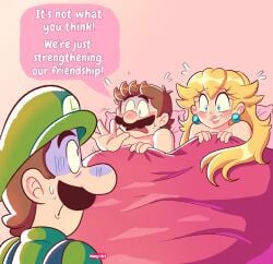 1girls 2boys bed bed_sheet blonde_hair blush caught caught_in_the_act english_text female implied_sex long_hair luigi male manys_art mario mario_(series) nintendo princess_peach sexually_suggestive sheet_grab sweat sweatdrop text