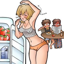 1girls 2boys antonio_fernandez_carriedo belgium_(hetalia) belly_button blonde_hair blush breakfast breasts chibi closed_mouth crop_top female flustered fridge lovino_vargas male milk nipples_visible_through_clothing no_pants open_mouth pajamas romano_(hetalia) spain_(hetalia) stretching table tank_top thighs tomato underwear yawn