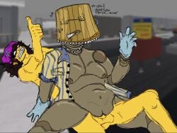 1boy 1girls 2d breasts breasts_out dialogue eyelashes female infected_(regretevator) lampert_(regretevator) lips long_hair male pussy question_mark regretevator roblox roblox_game robloxian robot rule_63 sex thumbs_up yellow_body