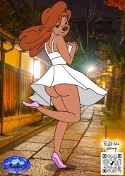 a_goofy_movie ass canid color disneyfansl dress female furry goof_troop no_underwear partially_clothed playful_smile princesspinups public_indecency qr_code red_hair roxanne_(goof_troop) shoes smiling_at_viewer streaking stroll teasing