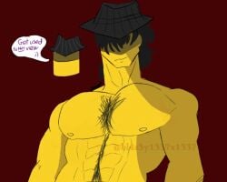 1boy artist_name artist_request artist_signature bara_tits body_hair breasts fedora forsaken forsaken_(roblox) looking_down looking_down_at_viewer mafioso_(dream_game) male maroon_background muscular muscular_male solo_focus wink yellow_body