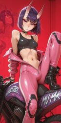 1girls ai_generated bare_shoulders bike biker_girl bikesuit bob_cut boots bracelet breasts catsuit choker eyeshadow fate/grand_order fate_(series) female gloves graffiti groin horns horny knee_pads knee_up leaning_back midriff motorcycle navel one_knee_up oni parted_lips perfect_body pink_suit pulled_down_top purple_eyes purple_hair red_background red_makeup sexy sexy_pose short_hair shuten_douji_(fate) simple_background sitting skinny small_breasts solo sports_bra spread_legs suggestive sweat tight_suit undressing unzipped unzipped_bodysuit wall