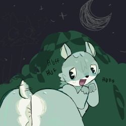 1boy 1femboy 2animals :3 ?? angry anthro anus ass balls big_ass blush deer digital_media_(artwork) femboy fur halodouble hooves huffing juicy_anus male mintie_(halodouble) night oc pac-man_eyes person_in_background sweat tagme tail teal_fur thick_ass wagging_tail wolf