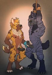 2016 2boys 4_toes 5_fingers abs anthro anthro_on_anthro armpits arms_above_head ball_tuft balls barefoot biceps biped black_nipples black_nose black_penis blue_balls blue_fur blue_tail bondage bound brown_balls brown_fur brown_spots brown_tail cheek_tuft chest_tuft claws digitigrade dripping drooling duo erection eyebrows facial_piercing fangs fingerless_(marking) fur gay gay_domination glans gloves_(marking) grey_claws grey_fur grey_stripes hand_on_hip handjob hands_above_head hands_tied hi_res humanoid_penis hyena licking licking_lips lip_piercing lip_ring male male_only maledom malesub mammal markings multicolored_fur multicolored_tail multiple_boys muscular muscular_male nipple_piercing nipples no_swift nude pecs penis penis_grab piercing pink_tongue precum rope saliva sex shinook simple_background snout socks_(marking) spots spotted_fur spotted_hyena standing striped_fur striped_hyena stripes tan_tail toe_claws toeless_(marking) toes tongue tongue_out tuft two_tone_tail white_fur yaoi yellow_fur