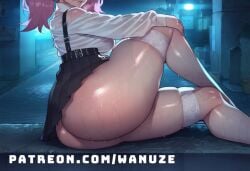 ai_generated alley big_ass big_breasts big_butt big_thighs black_skirt blush breasts center_opening cleavage female from_side garter_belt horn huge_ass huge_breasts huge_butt huge_thighs ironmouse knee_up multicolored_hair night open_clothes pink_hair pleated_skirt prostitution purple_eyes short_skirt sitting twintails virtual_youtuber wanuze wet white_garter_belt white_horn white_shirt wide_hips