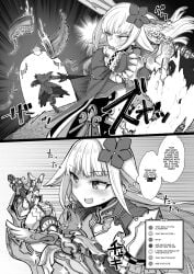 armor blue_hair blush breasts broadsword camera combat doujinshi dungeon ero_trap_dungeon female flower_in_hair kagami_uekusa large_breasts livestream lize_helesta midriff monochrome monster nijisanji recording stats streaming sword tentacle text traps twitch_chat two-tone_hair video_game_mechanics virtual_youtuber white_hair