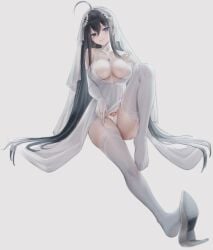 absurdres ahoge bare_shoulders between_fingers black_eyes black_hair blue_brooch blue_eyes blue_gemstone borrowed_character breasts bridal_gauntlets bridal_lingerie bridal_veil bride center_opening chinese_commentary cleavage cleft_of_venus clothes_lift collarbone commentary_request commission detached_collar diamond_(shape) double-parted_bangs dress dress_lift earrings empire_waist feet female full_body garter_straps gem grey_background grin hair_between_eyes hair_flowing_over heart heart_tattoo heterochromia high_heels highres holding invisible_chair jewelry joshua_(jikongmingxi_suliuguang) knee_up knees large_breasts legs lin_jingling lingerie long_hair looking_at_viewer middle_ring mole mole_under_each_eye mole_under_eye mole_under_mouth multiple_moles negligee no_bra original panties pixiv_commission pubic_tattoo pussy revealing_clothes see-through_clothes see-through_panties see-through_veil shoe_dangle shoe_soles shoes simple_background single_shoe sitting skindentation sleeveless sleeveless_dress smile solo straight_hair strap_pull tattoo thighhighs thighs toes triangle triangle_earrings underwear veil very_long_hair white_bridal_gauntlets white_dress white_negligee white_panties white_shoes white_thighhighs