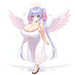 adorable ai_generated angel angel_wings big_breasts blue_hair blush cleavage collarbone cute dress halo heart huge_breasts long_hair loose_clothes pink_eyes riko_(shuz) sandals see-through_clothing shortstack solo sparkles yodayo