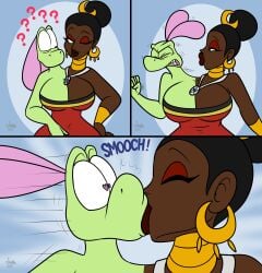 1boy 1girls 2_heads 2d 2d_(artwork) 2d_artwork breasts comic dark_skin dark_skinned_female digital_drawing_(artwork) digital_media_(artwork) earrings eyelashes eyeshadow female fused gold gold_jewelry green_body green_scales green_skin hand_on_hip heart-shaped_pupils human human_female jamearts jimmy’s_sloppy_life jimmy_(jamearts) kissable_lips kissing lips lizard lizardman male navel navel_visible_through_clothes panels puckered_lips red_eyeshadow scalie scalie_male trying_to_escape weird wink winking winking_at_partner
