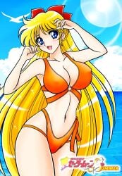adult_swim alluring big_breasts bikini bird bishoujo_senshi_sailor_moon bishoujo_senshi_sailor_moon_s blonde_hair blue_eyes blue_sky bow cleavage cloud earrings female high_res highleg highleg_bikini jewelry long_hair minako_aino ocean red_bow sailor_venus seagull sky sunlight swimsuit tatsumi_kyouhei toei_animation toonami very_long_hair