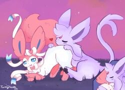 2021 absurd_res artist_name bent_over blue_eyes closed_eyes crossed_arms detailed_background digital_drawing_(artwork) digital_media_(artwork) duo eeveelution espeon feral fluffydasher forehead_gem fur gem generation_2_pokemon generation_6_pokemon genitals grass hand_on_butt heart_symbol hi_res licking male male/male narrowed_eyes nintendo penis pink_tail plant pokemon pokemon_(species) purple_body purple_fur ribbons_(anatomy) rimming_male signature sitting sitting_on_ground sky star starry_sky sylveon tail text tongue tongue_out whiskers white_body white_fur