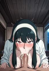 ai_generated akaz123 black_hair blowjob blowjob_face blowjob_pov blush brown_penis cock_hungry cock_worship cum_dripping_down_chin cum_dripping_from_mouth cum_in_mouth cum_on_breasts drooling hairband horny_female intense_blowjob large_breasts large_penis long_hair looking_at_viewer office_clothing office_lady red_eyes seductive_eyes seductive_gaze seductive_look seductive_mouth spy_x_family steaming_body steamy_breath sweaty_body sweaty_breasts thick_penis vacuum_blowjob vacuum_fellatio veiny_penis yor_briar yor_forger