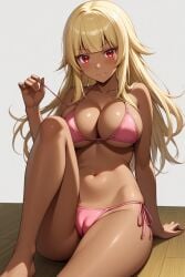 1girl ai-created ai_generated arm_support bangs bare_arms bare_legs bare_shoulders barefoot bikini bikini_bottom blonde_hair blush breasts cameltoe clavicle cleavage closed_mouth clothing dark-skinned_female dark_skin feet female female_only gokukoku_no_brynhildr halterneck high_resolution indoors knee_up large_breasts legs long_hair looking_at_viewer navel pink_bikini pink_swimsuit portrait red_eyes rena_aikawa_(pixiv_user) side-tie_bikini side-tie_bikini_bottom side-tie_clothing side-tie_swimsuit sidelocks sitting smile solo stomach strap_pull string_bikini striptease swimsuit tachibana_mina_(gokukoku_no_brynhildr) thighs toes underboob