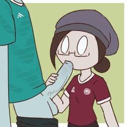 1boy 1boy1girl 1girls allennilsen_(editor) ambiguous_species balls big_penis blowjob bottomless brown_hair clothed clothed_female edit faceless_male fellatio female female_focus genitals glasses granadina green_skin grey_body grey_skin hand_on_penis hat jersey looking_at_another male oral oral_sex original_character partially_clothed simple_background size_difference smaller_female standing straight testicles tied_hair traced