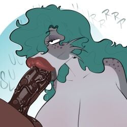 :>= big_breasts big_lips big_penis bimbo_lips blowjob_face breasts catfish cleavage fellatio female fish green_hair grey_skin grey_skinned_female huge_lips lips lipstick marine nericurls one_eye_covered oral oral_sex penis saliva saliva_on_penis vacuum_fellatio whiskers
