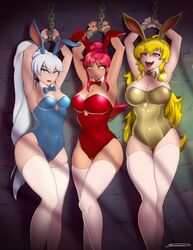 3girls :d armpits arms_above_head arms_up bare_arms blonde_hair blue_eyes bondage breasts bunny_ears bunnysuit chained_wrists chains cleavage cuffed_wrists fangs female femsub fingernails fully_clothed green_eyes happy_sub hips legs lips lipstick long_hair multiple_girls multiple_subs nail_polish naughty_face neck_ribbon open_mouth purple_eyes pyrrha_nikos red_hair restrained ribbon rwby saliva shackles shonomi sideboob signature sweat sweaty_breasts thighhighs thighs weiss_schnee white_hair white_legwear yang_xiao_long