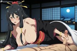 digitalwaifugallery ai_generated patreon seductive sexy uncensored watermark hi_res high_quality high_resolution tio_klarus arifureta_shokugyou_de_sekai_saikyou 1girl breasts 1boy black_hair penis hetero nipples black_kimono large_breasts kimono long_hair japanese_clothes sash full_moon night bracelet open_mouth jewelry handjob hair_ornament yellow_eyes blush moon obi lying sliding_doors off_shoulder shouji erection indoors patreon_username bare_shoulders hair_between_eyes hair_stick solo_focus sidelocks sweat futon trembling collarbone abs breasts_out clothed_female_nude_male wide_sleeves