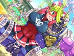 1boy arms_(game) arms_up bandages boris_(noborhys) clenched_teeth clothed_sex crotch_cutout crowd domino_mask female highres mask master_mummy nintendo purple_skin ribbon_girl shorts_under_skirt skirt teeth