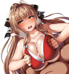 >:o 1boy :o amagi_brilliant_park antenna_hair bare_arms bare_shoulders belko bikini blush breast_squeeze breasts brown_hair cleavage collarbone dark-skinned_male dark_skin dutch_angle ejaculation_between_breasts female hair_intakes hair_ribbon heavy_breathing large_breasts long_hair looking_at_viewer o-ring_bikini open_mouth paizuri pubic_hair red_bikini ribbon sento_isuzu shaun_(fallenicons) shiny shiny_skin sweat swimsuit upper_body yellow_eyes